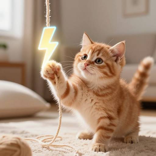 Adorable orange tabby kitten with wide blue eyes, pouncing on a glowing string toy in a sunlit, cozy living room. Photograph.