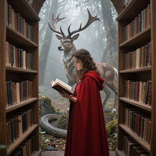 Photograph-style digital art: Young woman in red cloak reads book between wooden bookshelves, misty forest backdrop, deer with antlers, snake
