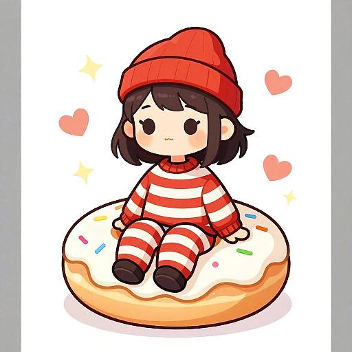 Cute Cartoon Girl on Giant Donut