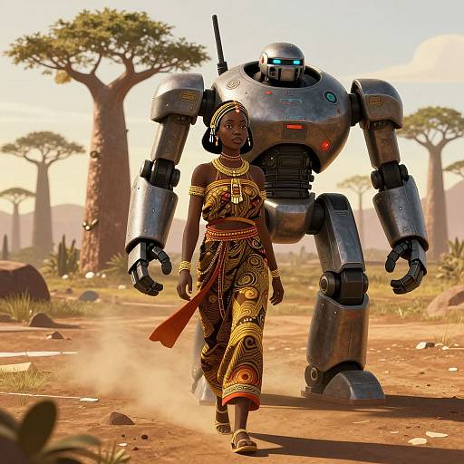 Photorealistic CGI: African woman in ornate traditional dress walks beside large, silver robot in sunlit savanna with acacia trees.