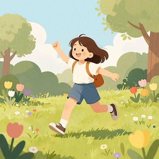 Joyful Girl Playing in Spring Park