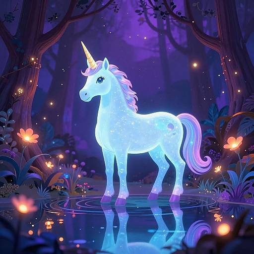Glowing, ethereal white unicorn with a pink mane and horn stands in a magical, illuminated forest pond, surrounded by luminescent butterflies and