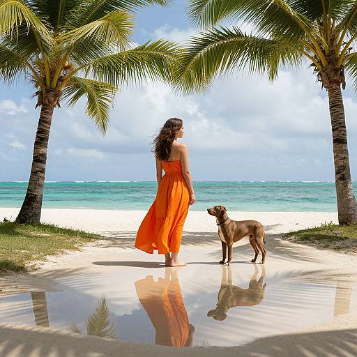 Photograph of a woman in a flowing orange dress and curly hair, walking on a sandy beach with a dog, flanked by palm trees, ocean