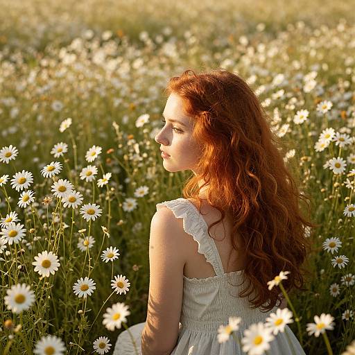 Photograph of a red-haired woman with wavy hair, wearing a white sleeveless dress, standing in a sunlit field of white daisies