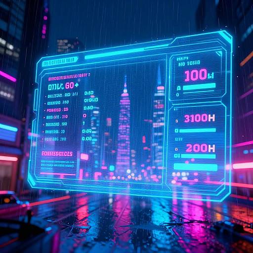 Neon-lit, cyberpunk-style digital screen floating in a rainy city street, displaying financial data in bright blue and pink hues.