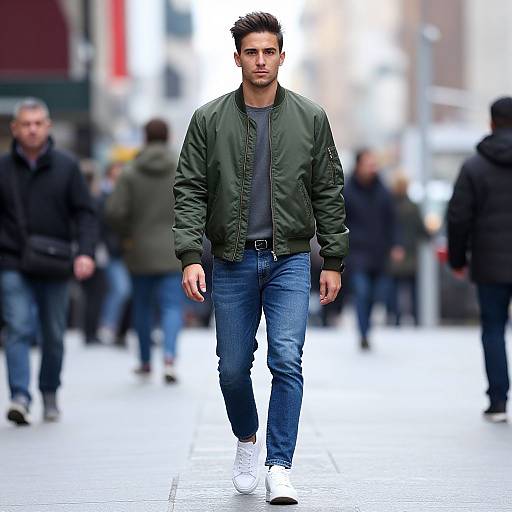 Photograph of a handsome, dark-haired man in a green bomber jacket, blue jeans, and white sneakers, walking confidently down a blurred urban street.