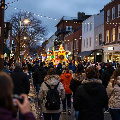 Photograph of a crowded evening street festival with colorful string lights, festive carousel, and warm-lit buildings; people in winter coats.