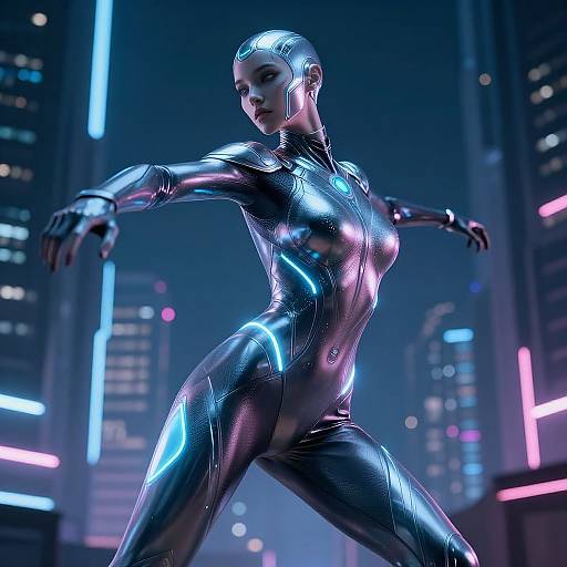 CGI image of a futuristic, bald woman in a shiny, metallic, form-fitting bodysuit, standing confidently in a neon-lit city