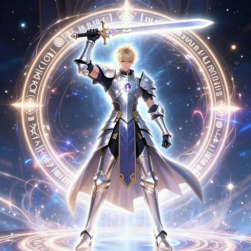 Digital anime-style drawing of a blonde, armored knight holding a glowing sword, standing in a magical, circular, starry background.
