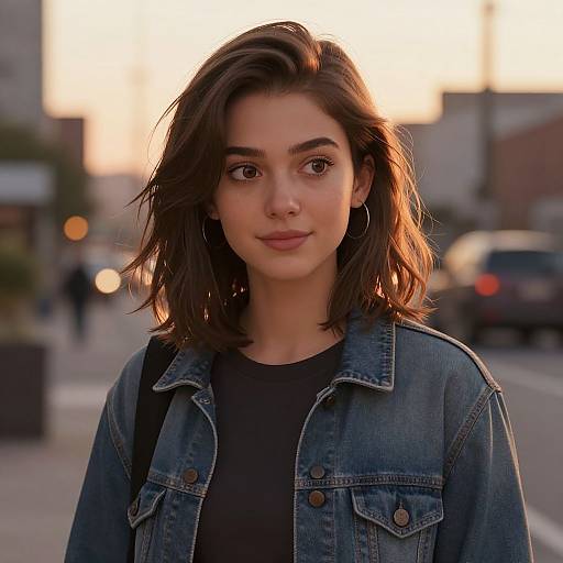 Photograph of a young woman with shoulder-length brown hair, wearing a denim jacket and black top, standing on a sunlit urban street. Warm sunset