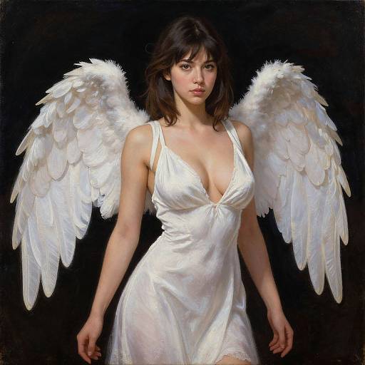 Digital painting of a beautiful woman with white angel wings, wearing a low-cut, white satin dress, against a black background.