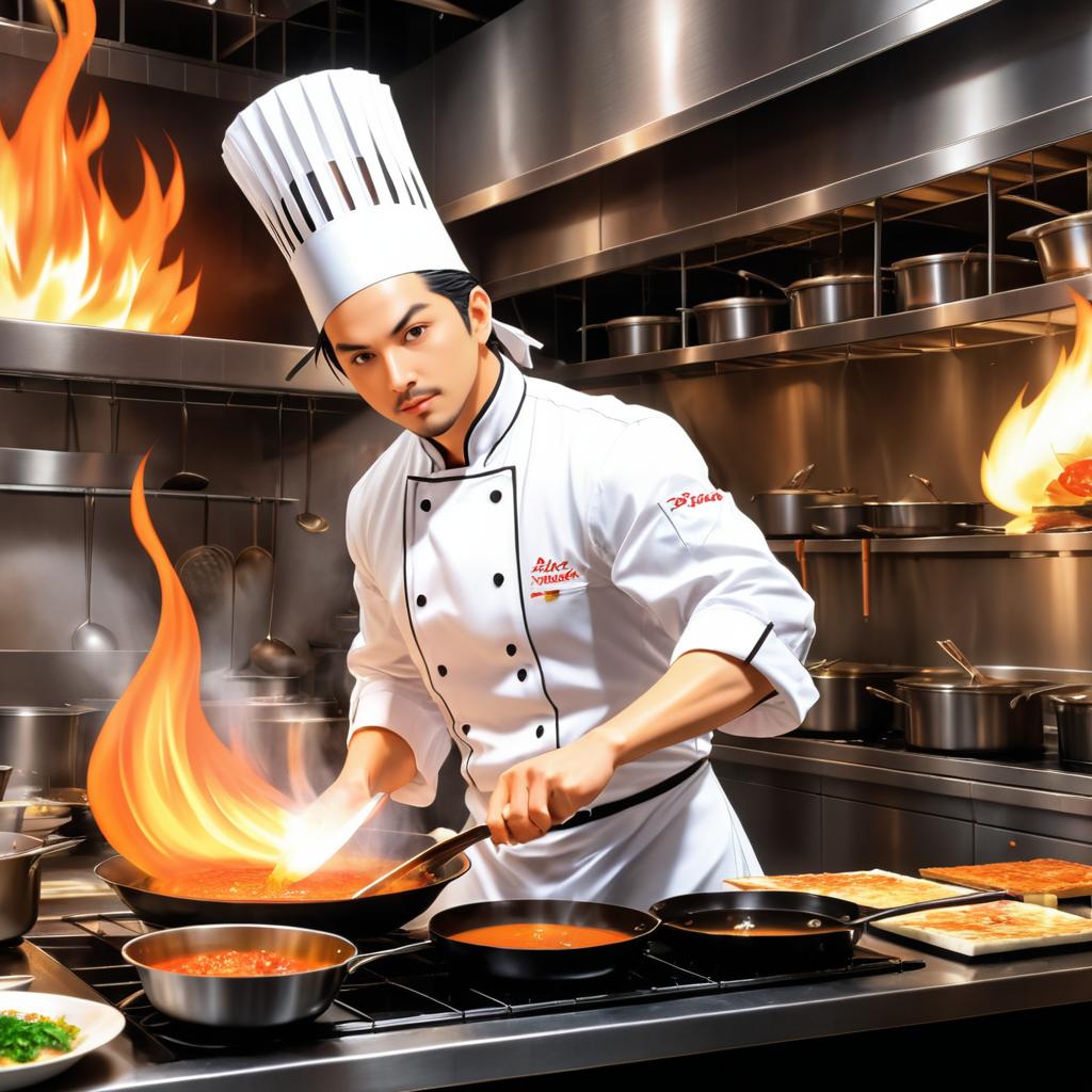 Dynamic Chef Flambéing in Anime Style