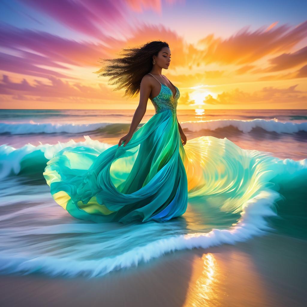 Surreal Woman in Ocean Waves at Sunset