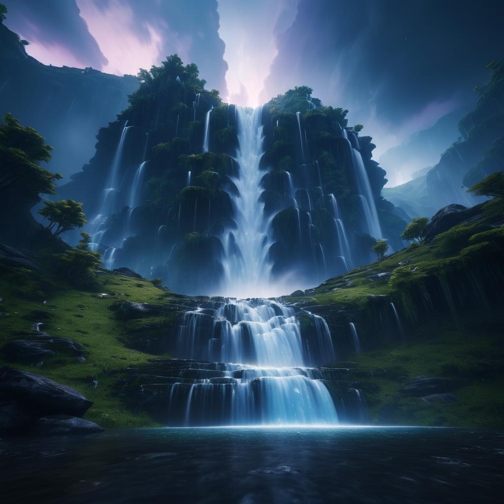 Mystical Hyperrealistic Mountain Waterfall Scene