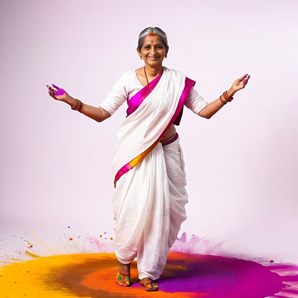 Vibrant Holi Celebration with Elderly Woman