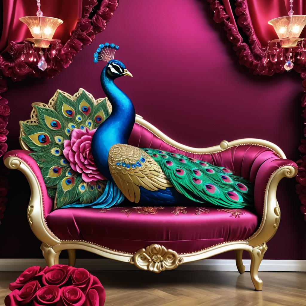 Burlesque Peacock on a Rose Couch