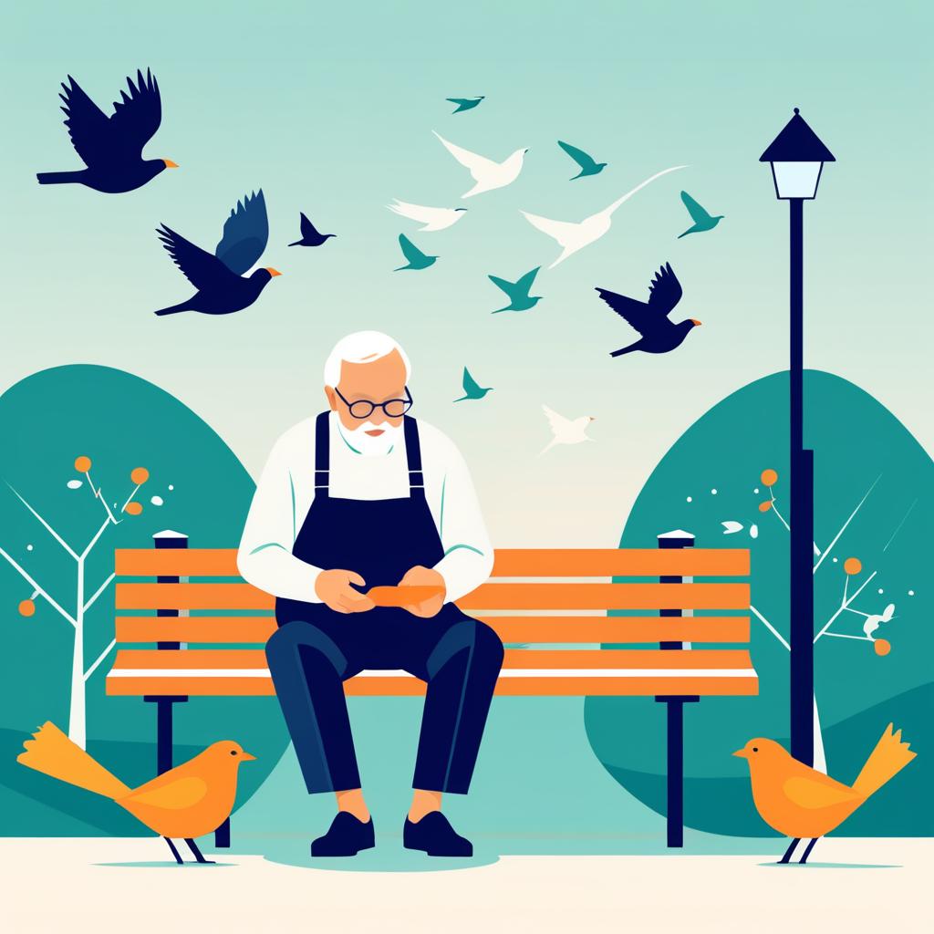 Minimalist Illustration of Elderly Man Feeding Birds