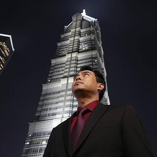 Elegant Man Gazing at Illuminated Skyscraper