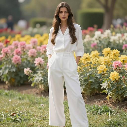 Woman in White Jumpsuit in Flower Garden