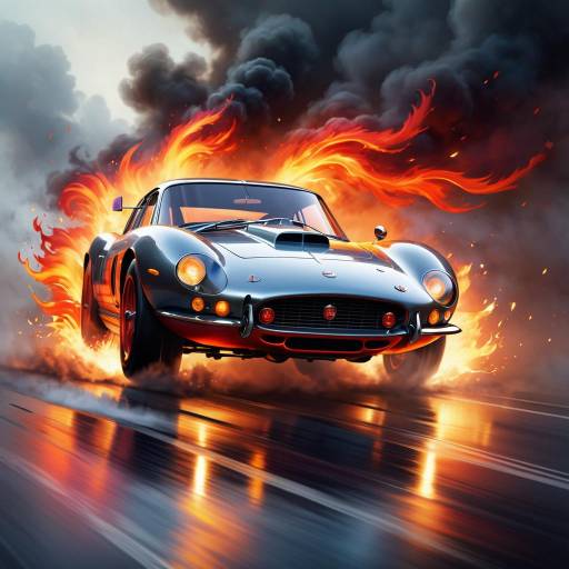 Vintage Sports Car in Dramatic Fog and Flames Vintage Sports Car in Dramatic Fog and Flames