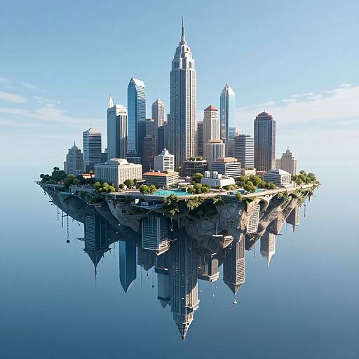 Photorealistic CGI of a floating city with modern skyscrapers, reflecting on calm water, under clear blue sky, surrounded by green trees.