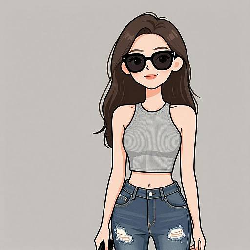 Digital anime-style drawing of a smiling woman with long brown hair, wearing black sunglasses, a gray crop top, and ripped blue jeans.