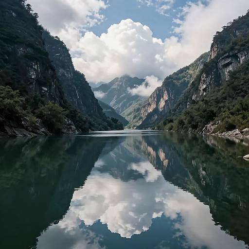 Photograph of a serene mountain valley with a reflective, calm lake mirroring white, fluffy clouds and dark, steep, forested cliffs.