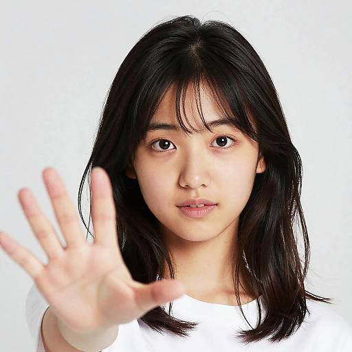 Photograph of a young Asian woman with straight black hair, fair skin, and black eyes, reaching out with her right hand towards the camera against a