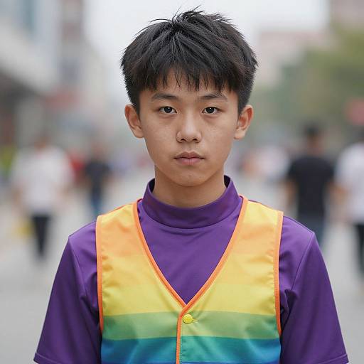 Photograph of a serious young Asian man with black hair, wearing a purple shirt and vibrant orange-yellow-green striped vest, standing in a blurred urban street
