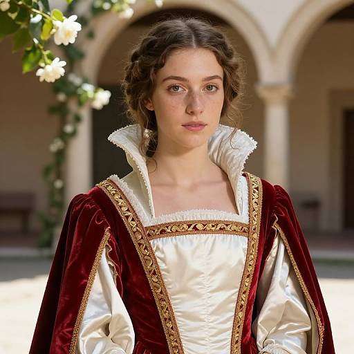 Photograph of a young woman with fair skin, brown wavy hair, wearing a Renaissance-style white dress with gold embroidery, and a red velvet cloak