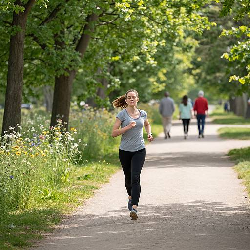 Photograph of a fit woman with long brown hair in a blue shirt and black leggings running on a sunlit, tree-lined park path, with blurred