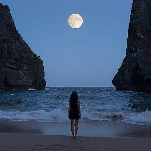Photograph of a lone woman with long hair standing on a beach at night, facing a full moon between two rocky cliffs.