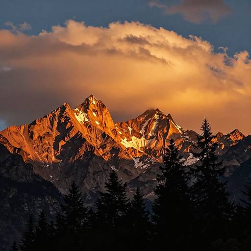 Photograph of a sunlit, rocky mountain peak with orange and pink clouds, silhouetted pine trees in the foreground, and a blue sky