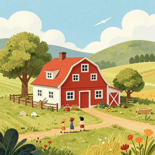 Vibrant digital illustration of a red and white barn with three children in colorful clothes walking on a grassy path, surrounded by trees, flowers,