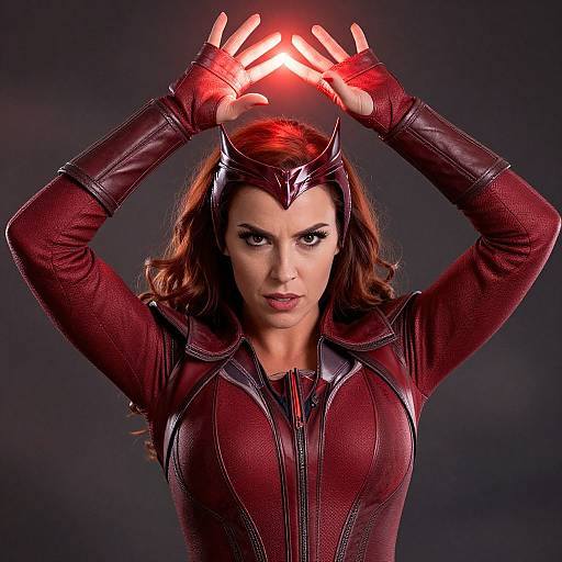 Photograph of a fierce, red-haired woman in a tight, red leather Catwoman suit, hands glowing red above her head, dark background, intense