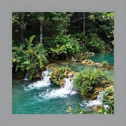 Photograph of a lush, tropical forest waterfall with clear, turquoise water cascading over rocks surrounded by vibrant green foliage.