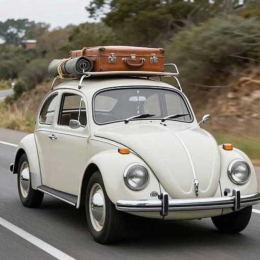Photograph of a white vintage Volkswagen Beetle with a brown leather suitcase and rolled-up blanket on the roof, driving on a rural road with trees in the