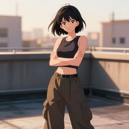 Digital anime-style drawing of a black-haired, brown-eyed girl with short hair, wearing a black crop top and brown cargo pants, standing with arms crossed
