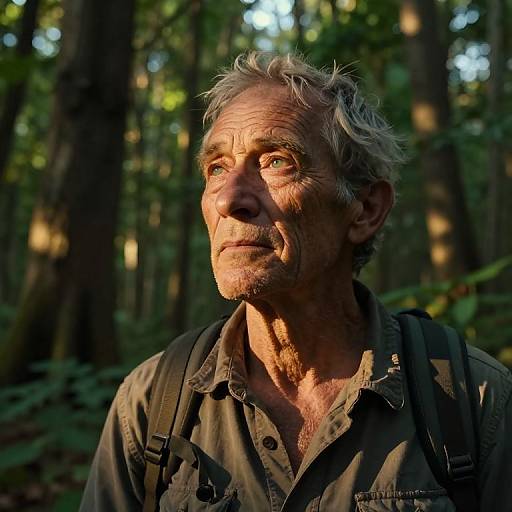 Photograph of an older man with weathered face, gray hair, and brown shirt, standing in a sunlit forest, looking upward. Photographer watermark