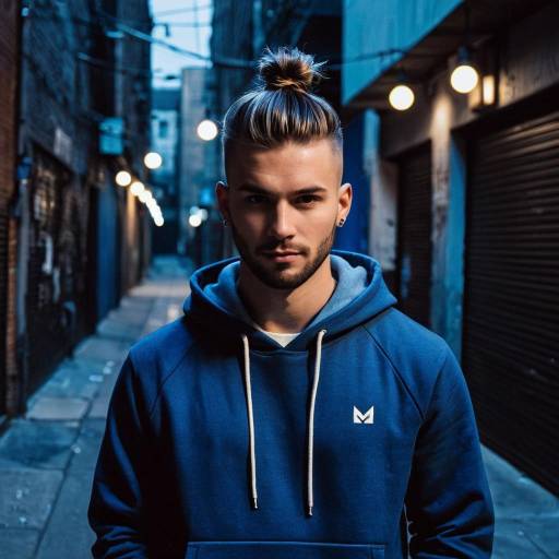 Man with Top Knot Hairstyle in Urban Alley