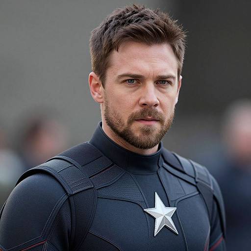 Photograph of Chris Evans, bearded, with short brown hair, wearing a black superhero suit with a white star, serious expression, blurred background.