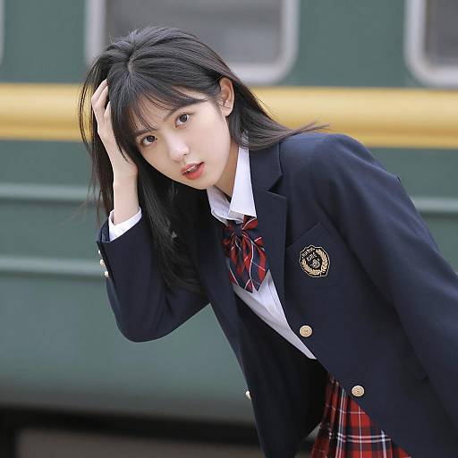 Asian Woman in School Uniform by Train