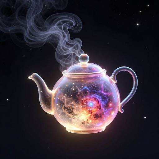 Glowing, transparent teapot with cosmic patterns and steam, floating in dark space. Digital artwork with vibrant colors and starry background.