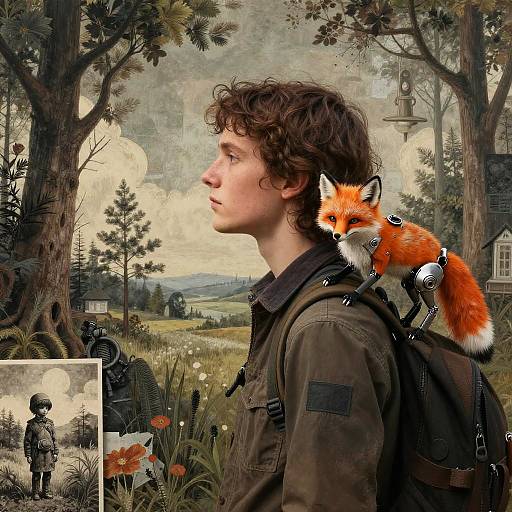 Photograph-like digital artwork of a curly-haired boy in a green jacket with a robotic backpack carrying a fox head, set in a lush, surreal forest
