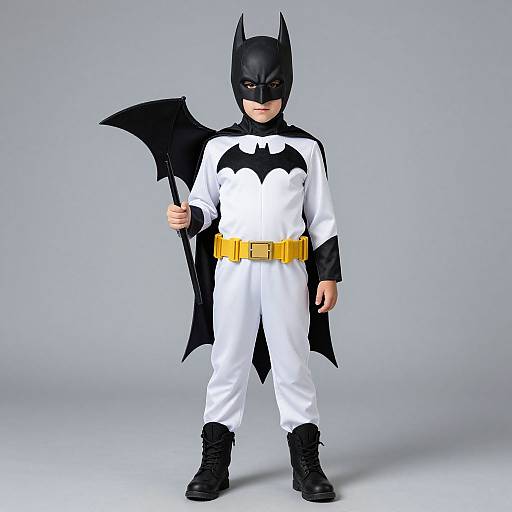Photograph of a young boy in a Batman costume: white suit, black bat emblem, yellow belt, black boots, cape, and cowl,