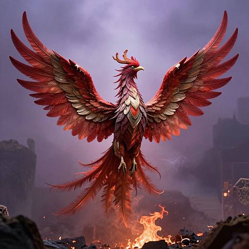 Digital artwork of a fiery red phoenix with outstretched wings, standing amidst flames, with a smoky, darkened background.