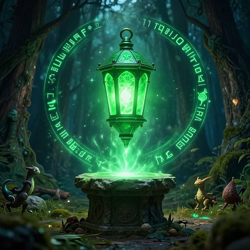 Digital fantasy artwork: glowing green lantern on a stone pedestal in a dark forest, surrounded by ethereal green runes, with small mythical creatures like foxes