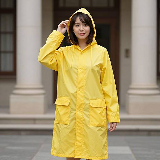 Photograph of an Asian woman with short black hair, wearing a bright yellow raincoat with hood, standing in front of a building with white columns.