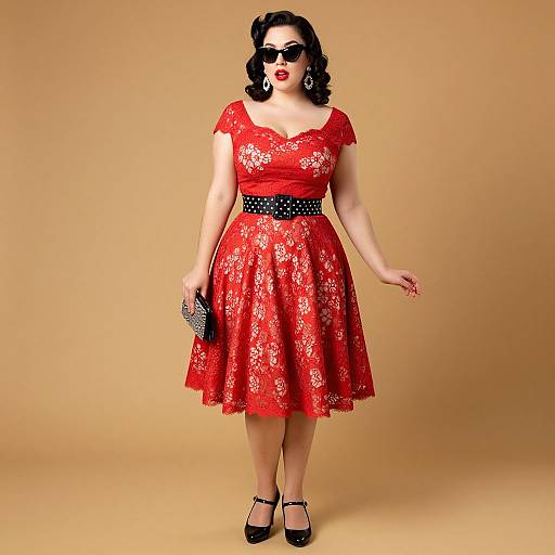 Photograph of a curvy woman with fair skin, black wavy hair, red lace dress, black belt, black heels, and sunglasses, standing