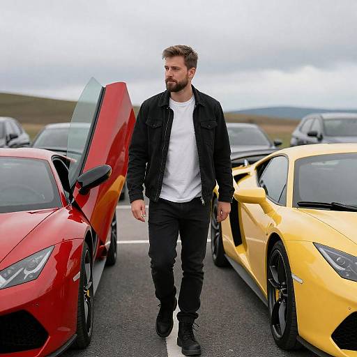 Man Walking Among Sports Cars